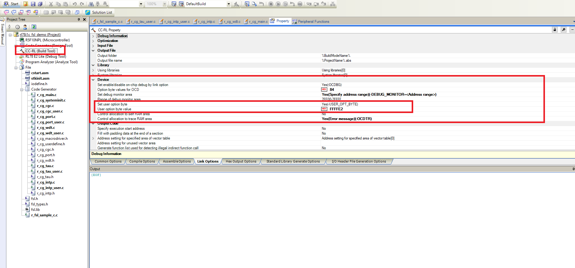 Fig 2. Link option tab in CS+ CC-RL (Build Tool) properties.